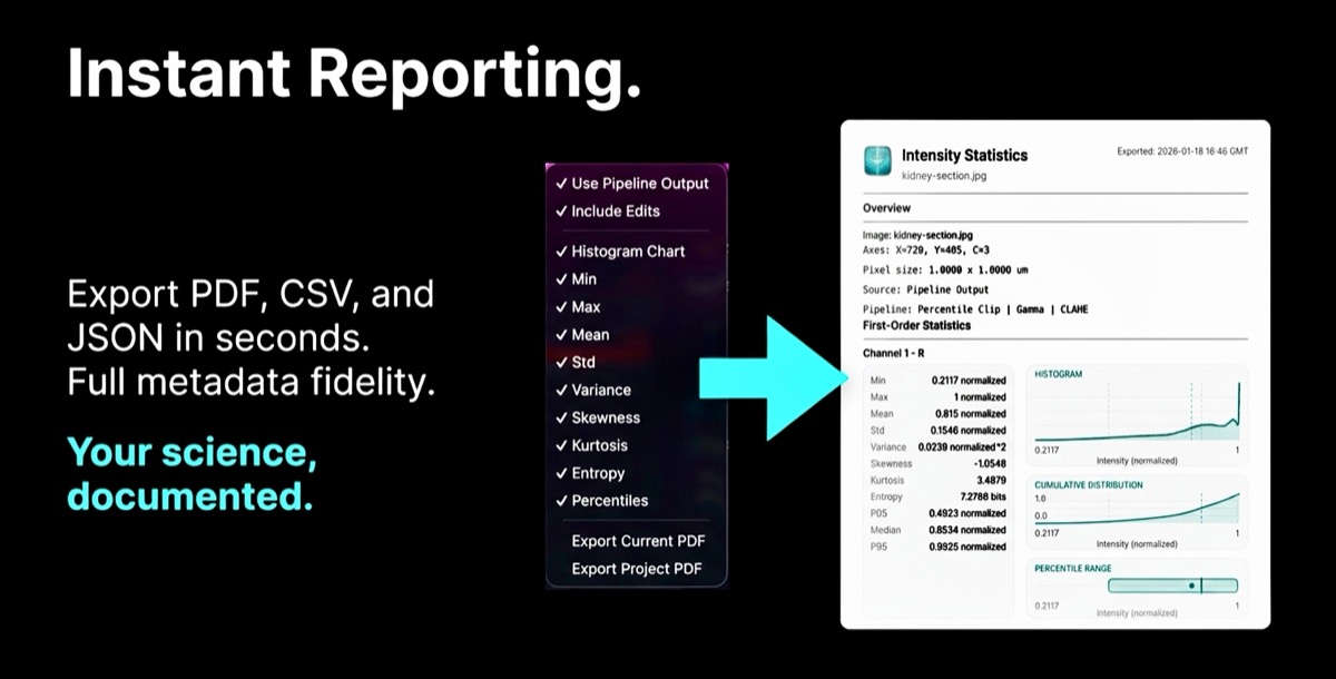 Instant reporting with hashes and exports.