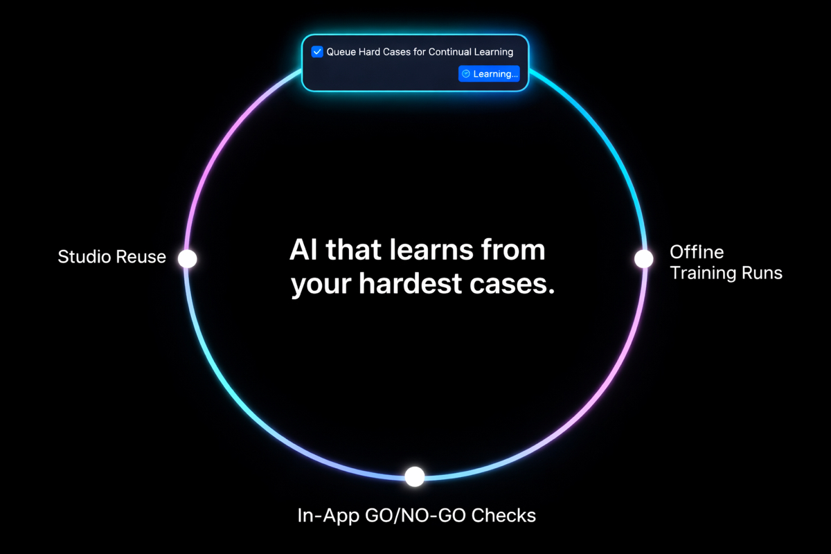 Continuous learning loop linking queued hard cases, in-app GO or NO-GO checks, offline training, and Studio reuse.