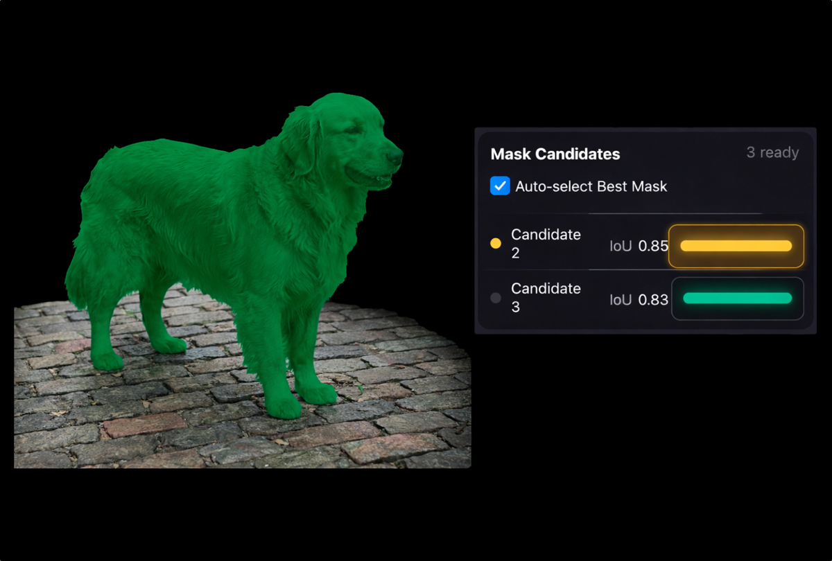 Mask candidate panel ranking segmentation outputs by IoU confidence.