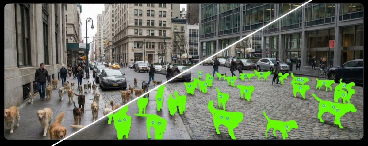 Multi-object segmentation demo with dogs isolated across a city street scene.