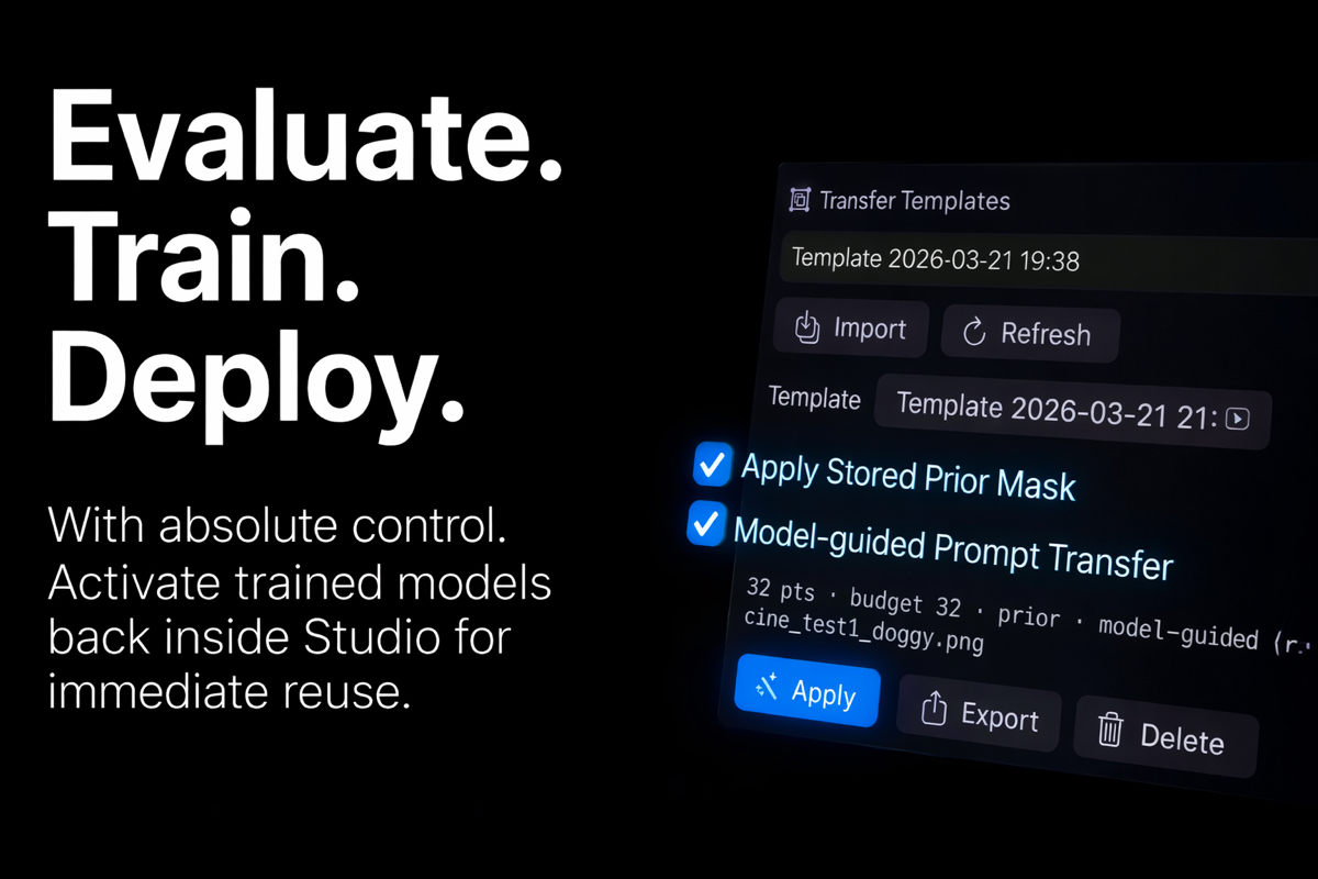 Evaluate, train, and deploy flow for activating trained segmentation models back inside LumaNorm Studio.