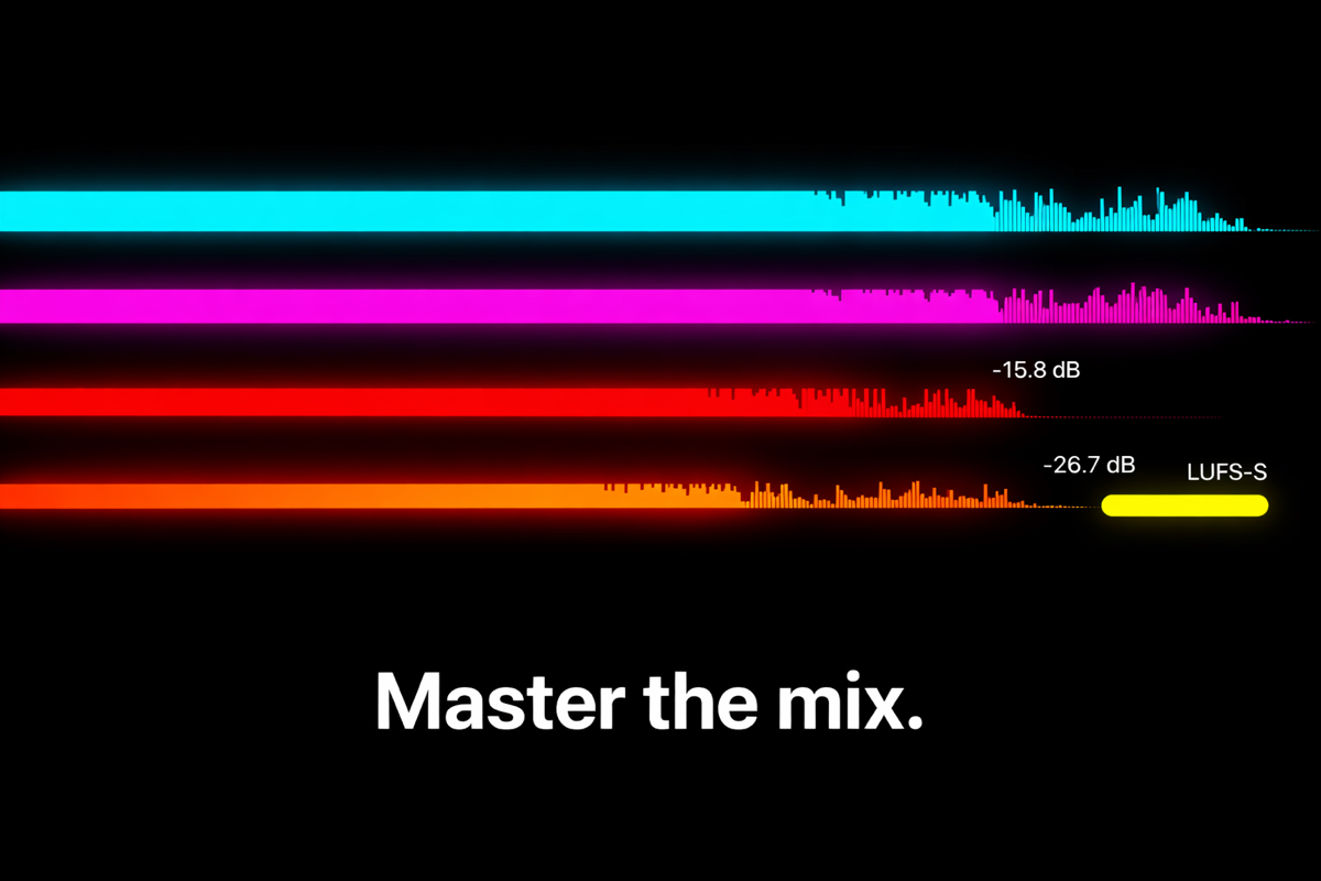 Audio mix interface with multichannel loudness meters and LUFS monitoring.