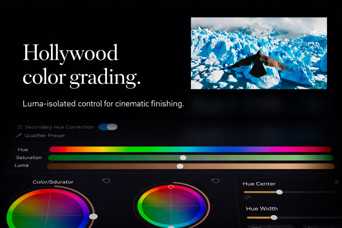 Secondary hue, saturation, and luma controls for cinematic color grading inside LumaNorm Studio.