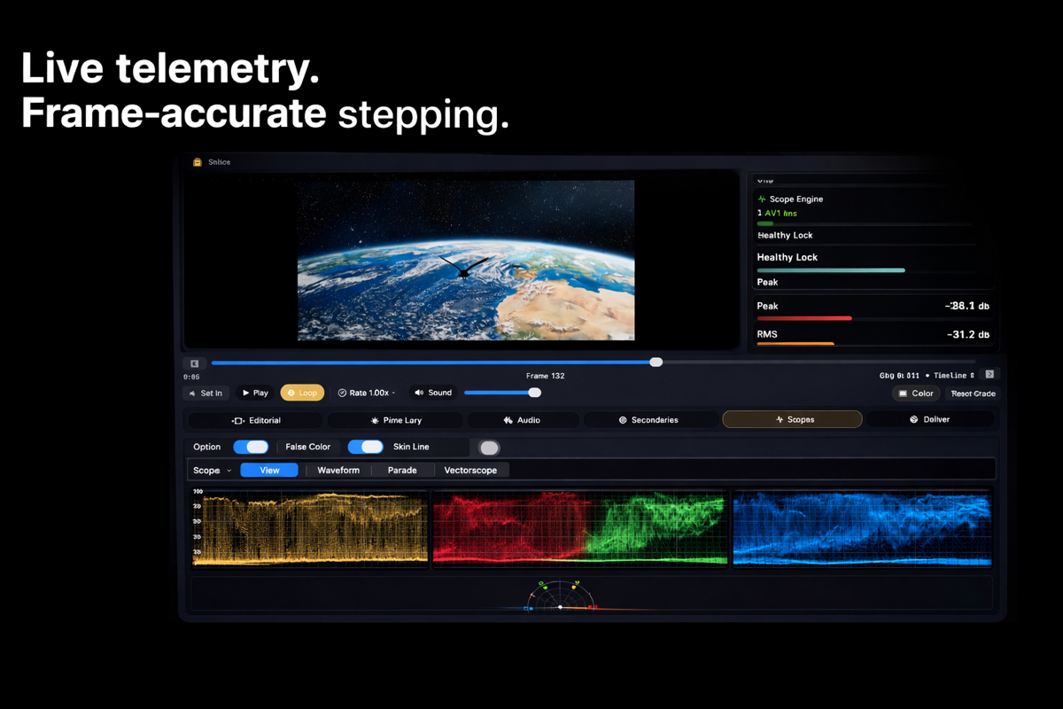 LumaNorm Video Studio timeline with playback telemetry, scopes, and frame-accurate transport controls.
