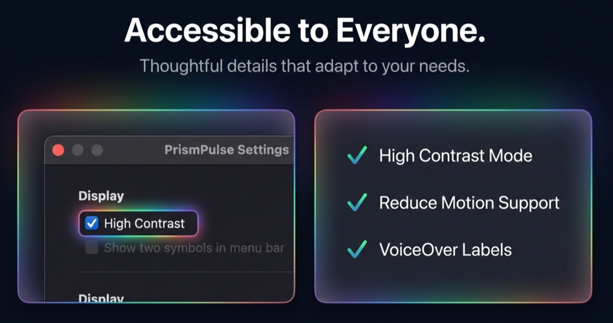 Accessibility features including high contrast and Reduce Motion.