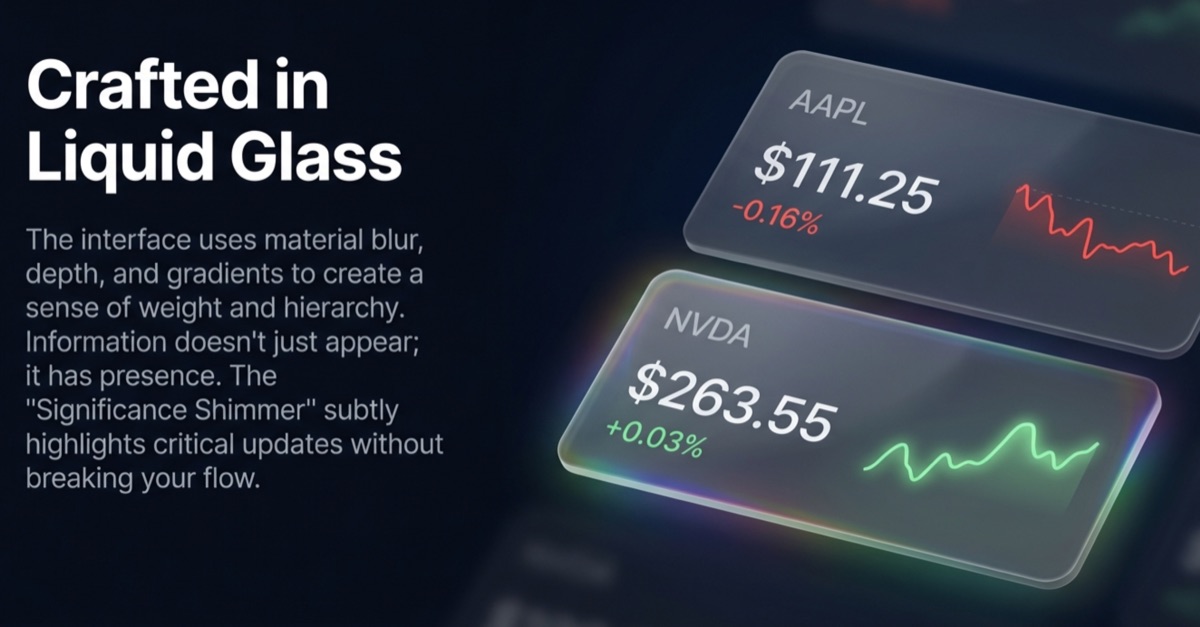 Liquid glass market tiles with price, change, and trend lines.