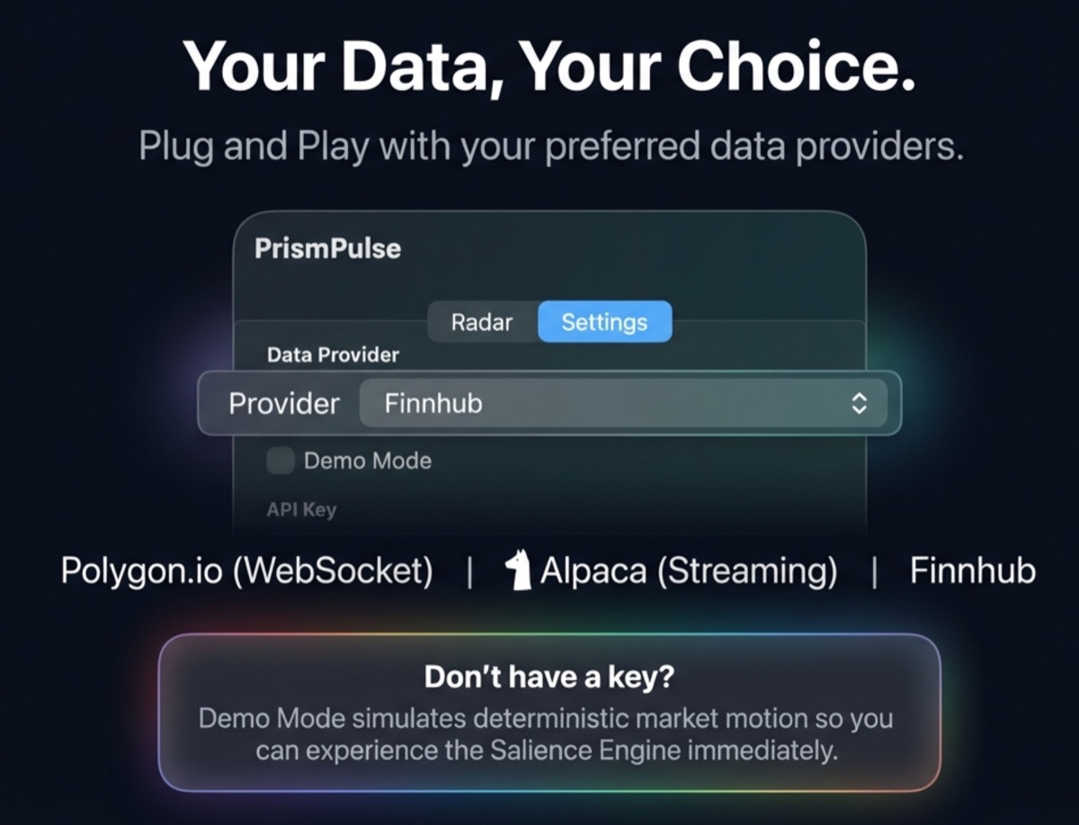 Settings panel for data providers and demo mode.