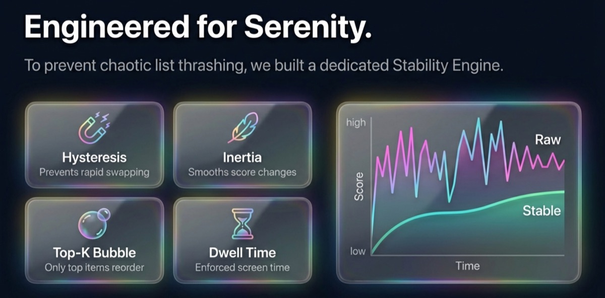 Stability Engine features with hysteresis, inertia, top-k bubble, and dwell time.