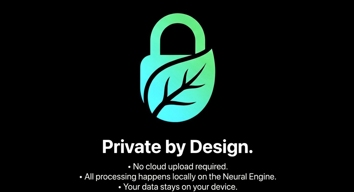 Privacy by design slide with leaf lock icon and on device processing notes.