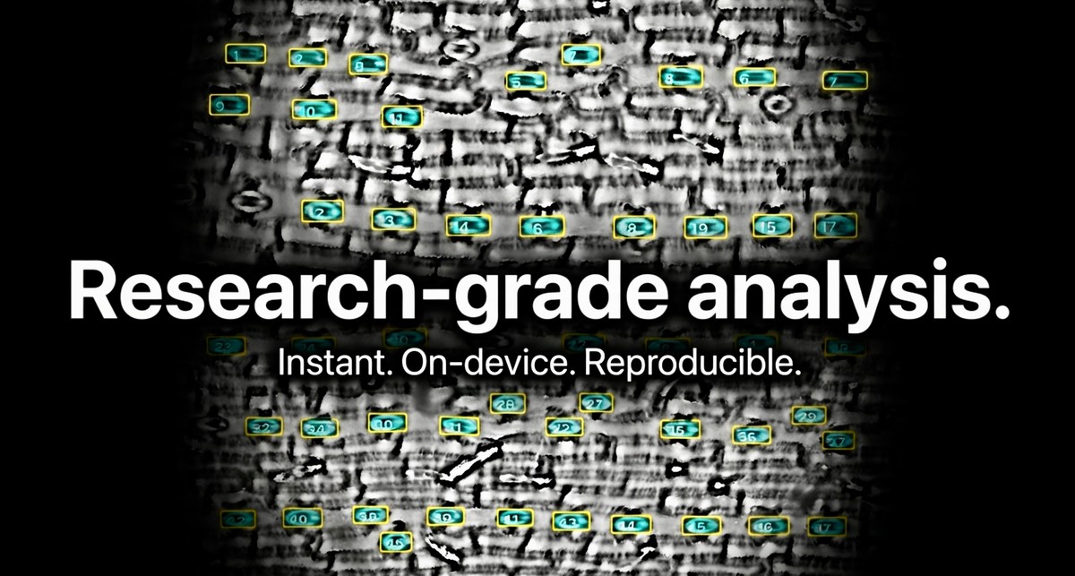 Microscope image with labeled stomata instances and research grade analysis headline.