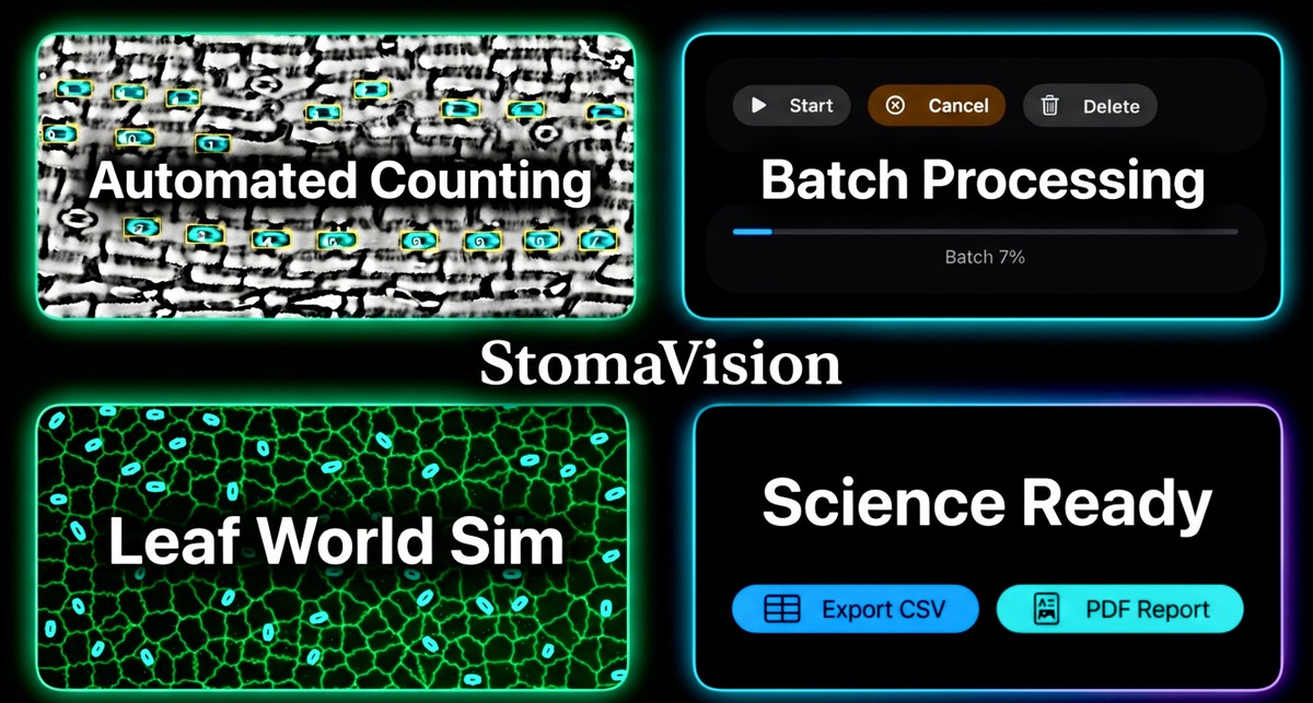 Summary grid highlighting automated counting, batch processing, and science-ready exports.