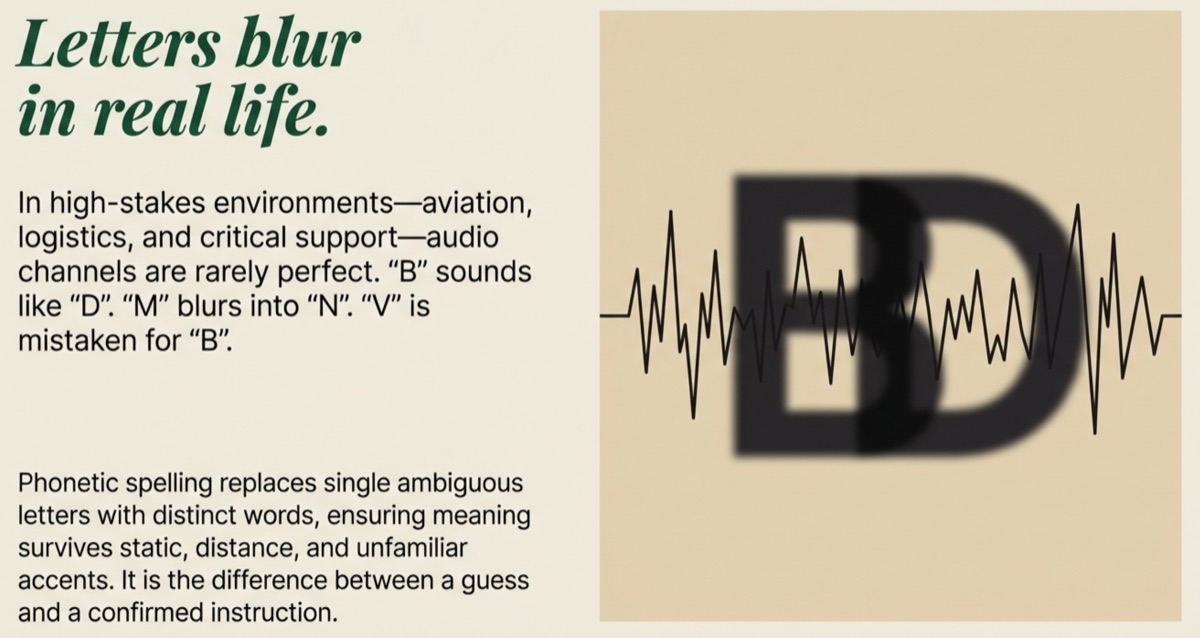 Blurred letter illustration with audio waveform.