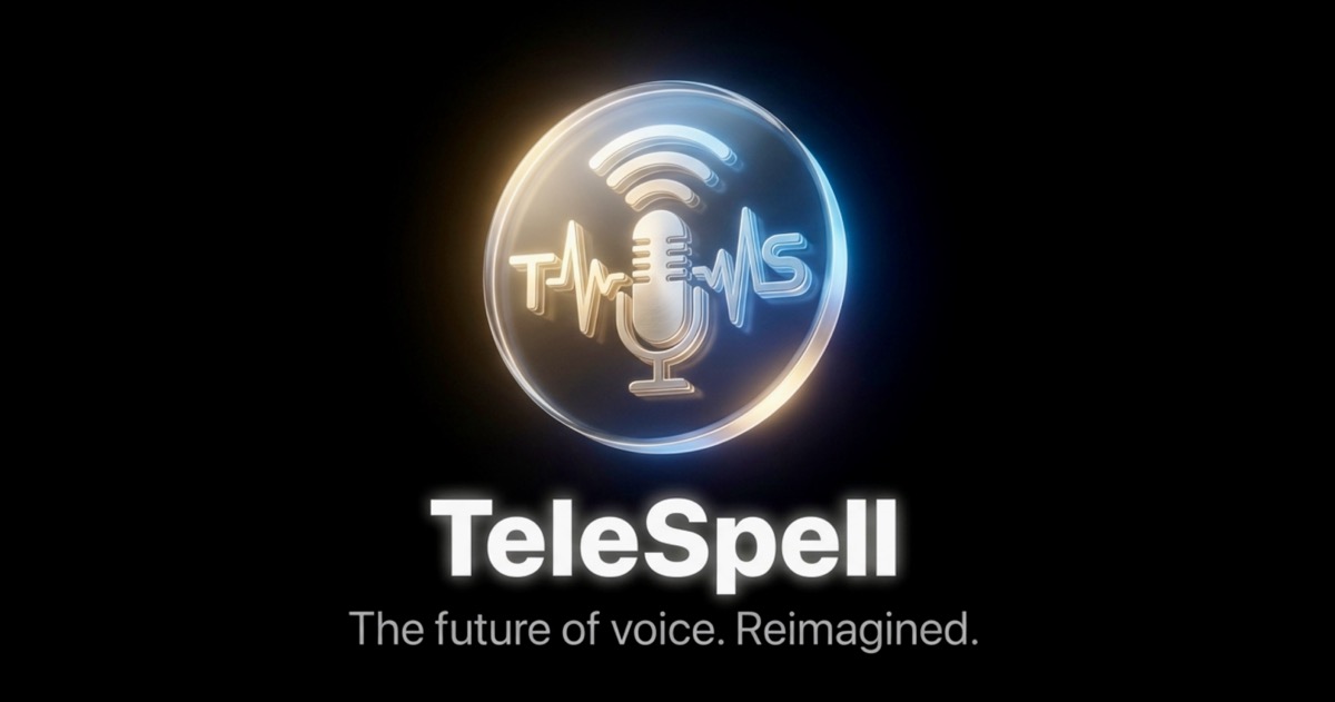 TeleSpell logo over a glowing microphone mark.