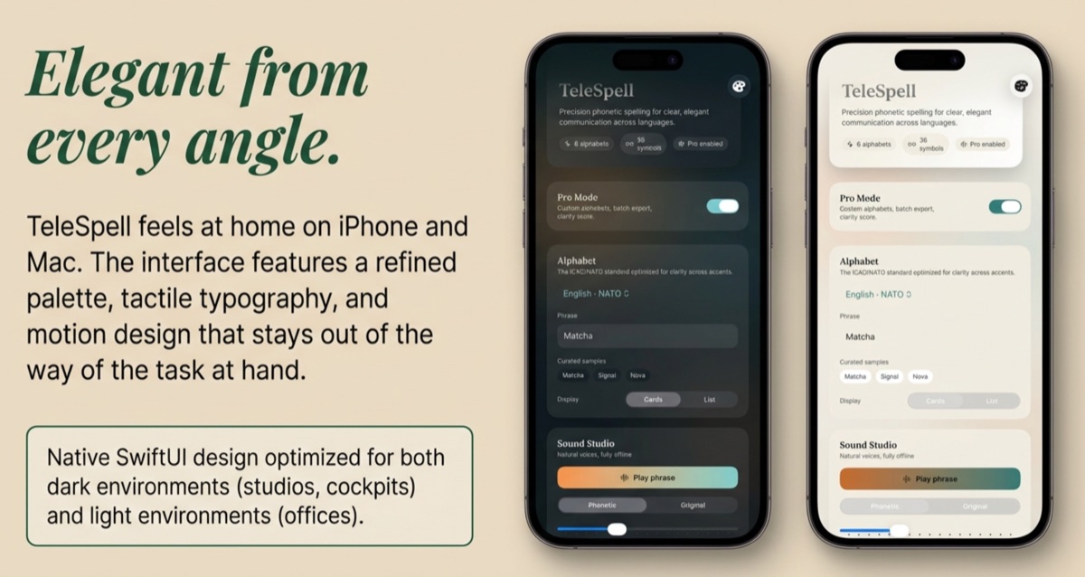 TeleSpell interface shown on iPhone screens in light and dark modes.