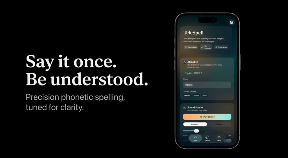 TeleSpell hero with iPhone interface and tagline.
