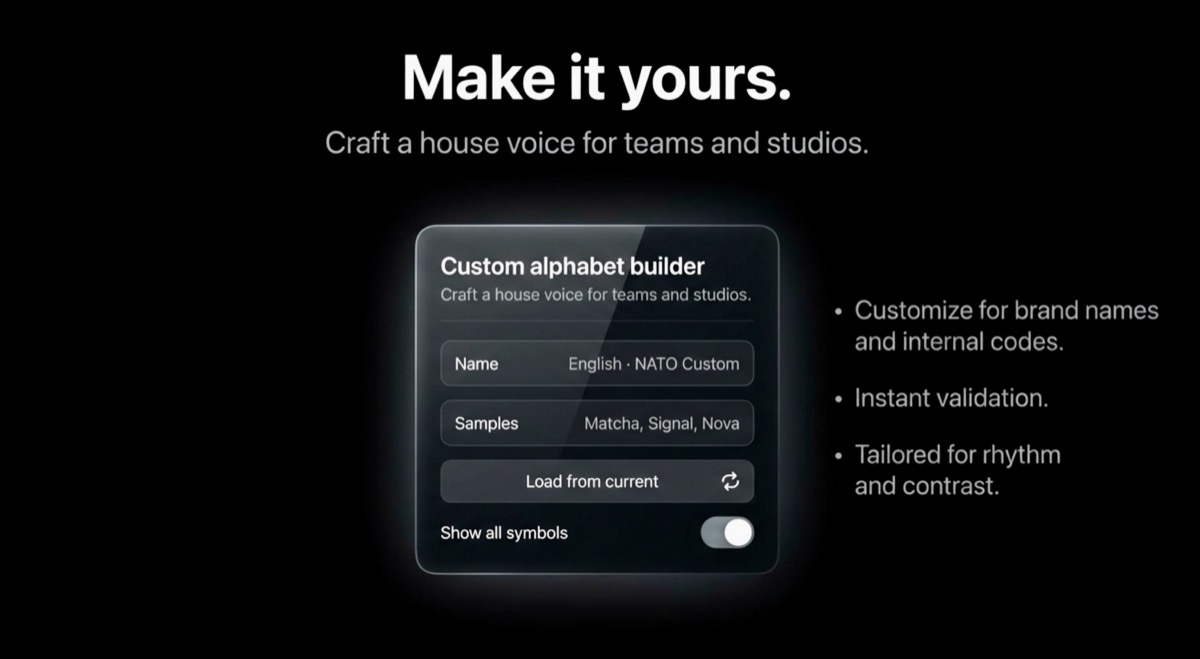 Custom alphabet builder panel with feature bullets.