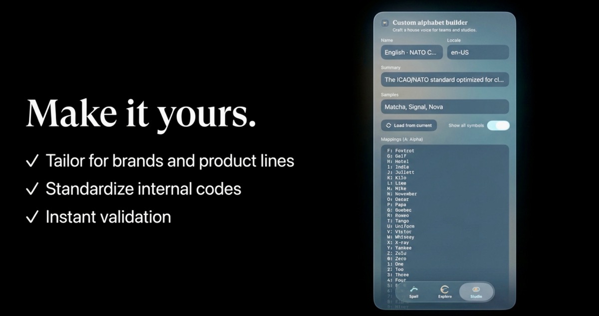 Custom alphabet builder with validation checklist.