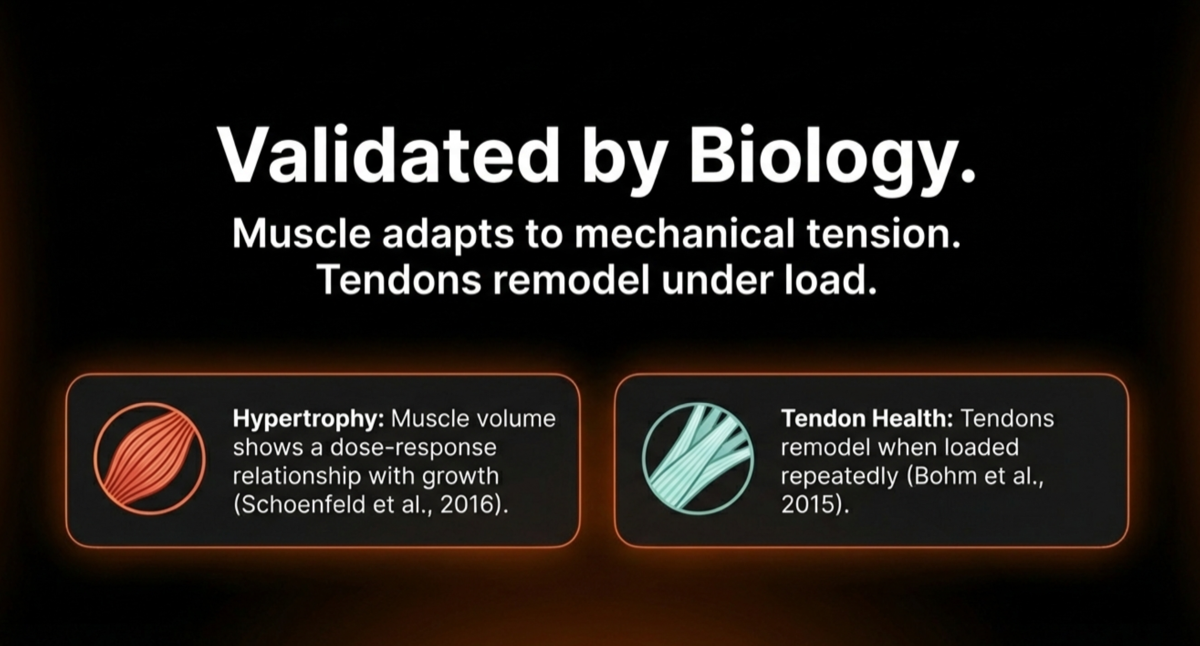 Validated by Biology slide with hypertrophy and tendon health cards.