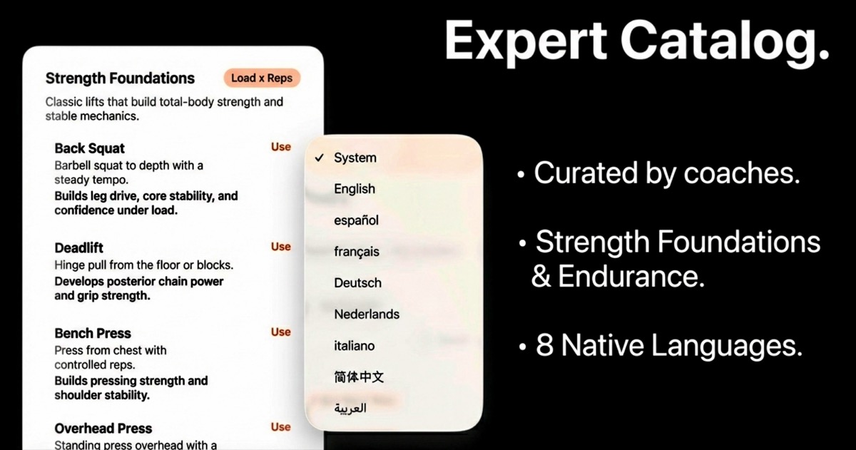 Expert Catalog detail with strength foundations list and language menu.