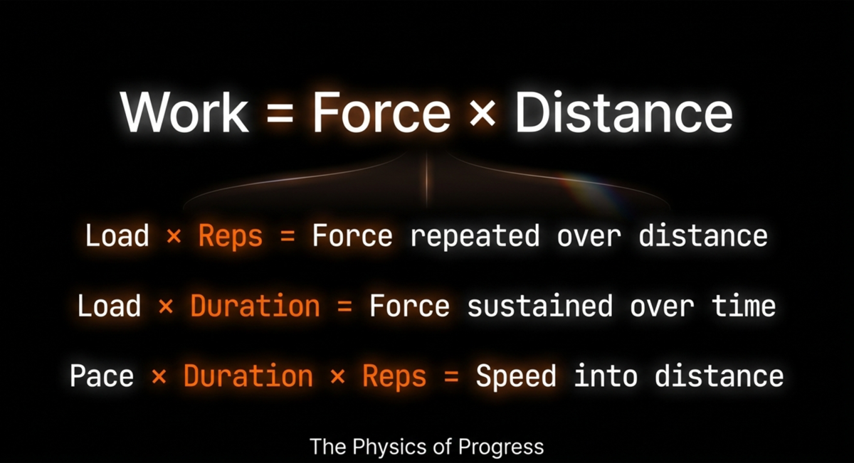 Work equals Force x Distance with three training formulas explained.