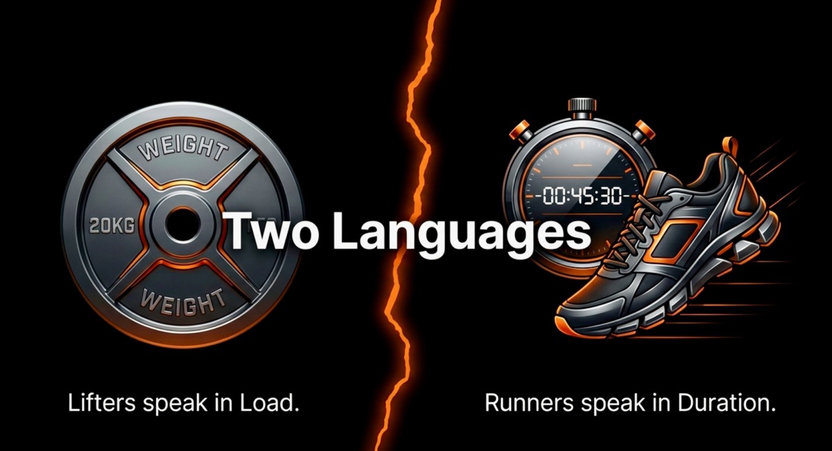 Weight plate and running gear split by lightning with Two Languages headline.