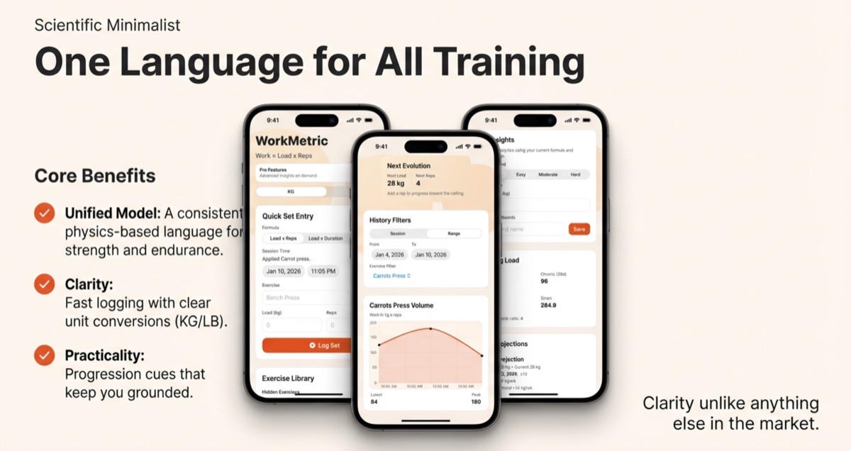 WorkMetric interface collage showing training insights and logging.